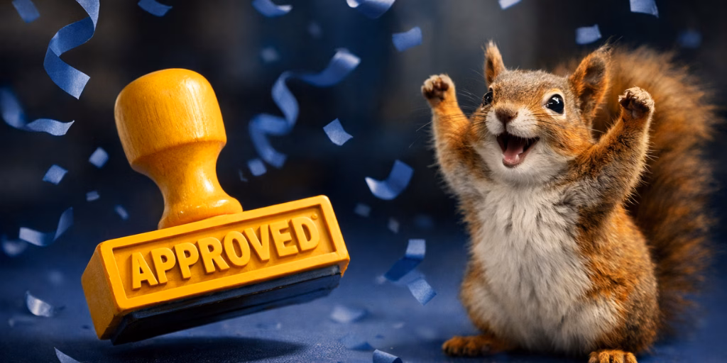A cheerful squirrel holding a stamped “approved” sign, representing a successful tax refund claim and approval from HMRC