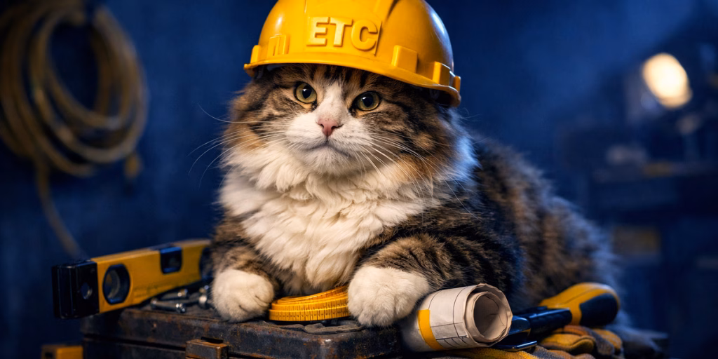 A cat wearing a construction helmet holding tools, representing construction workers and tax refunds under the CIS scheme.