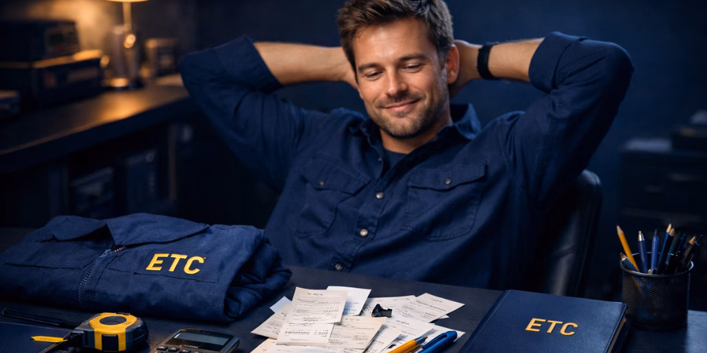Sitting back smiling while looking at receipts, uniforms, and tools on a table representing claimable work expenses