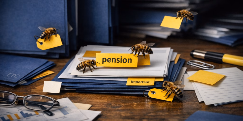 Bees moving and organising office documents on a desk, with a highlighted label reading “pension” in a structured workspace.
