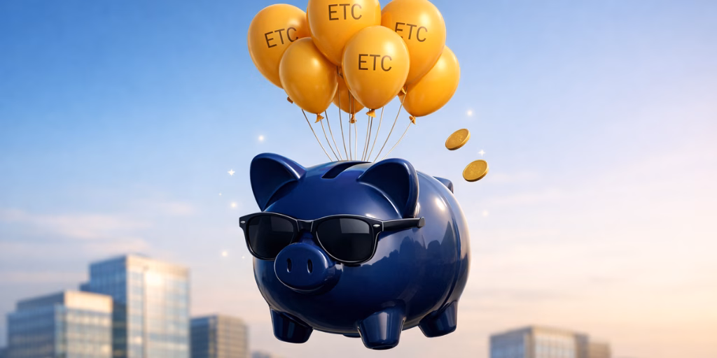 A deep blue piggy bank wearing sunglasses floats above a dark city skyline, lifted by mustard yellow balloons labelled “ETC”, with coins subtly rising into it representing pension tax relief benefits.