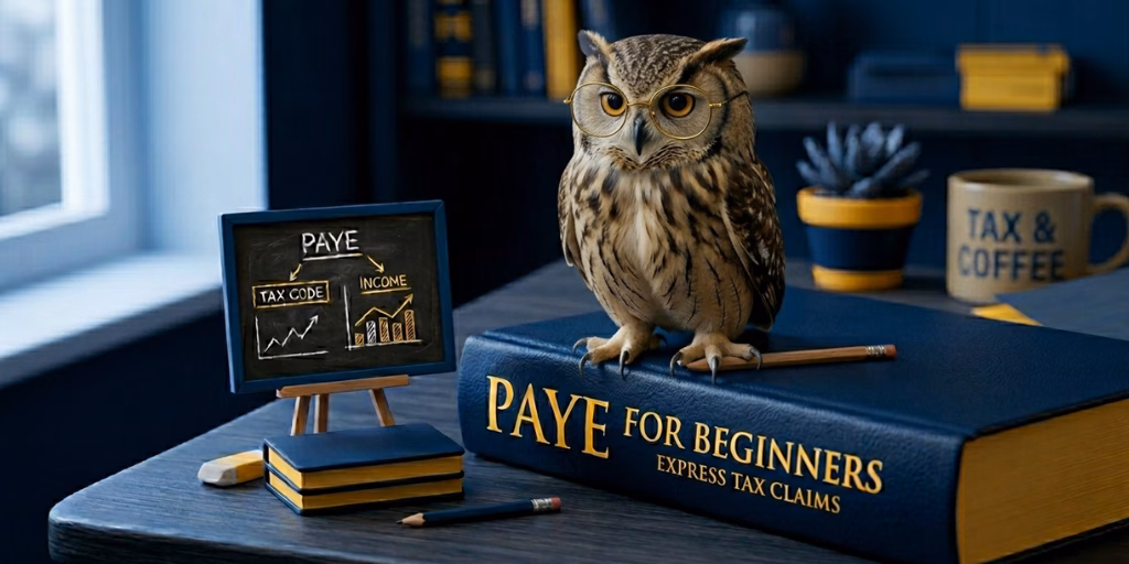An owl teaching PAYE for beginners on a book labelled Express Tax Claims PAYE guide