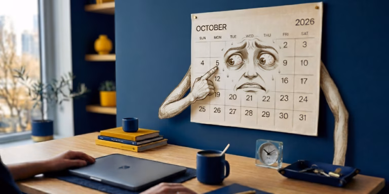 Calendar highlighting the 5 October Self Assessment registration deadline with an anxious expression
