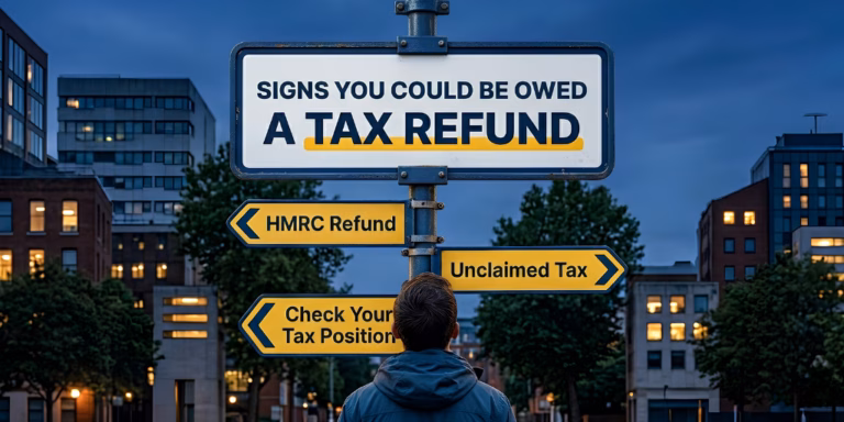 Playful street sign showing “You may be owed a tax refund” with directional arrows for HMRC refund and unclaimed tax in dark blue and yellow colours