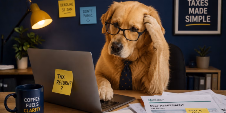 Confused dog sitting at office desk looking at laptop as if working