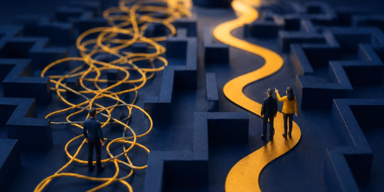 Miniature figures navigating two different paths through a dark blue maze, symbolising the choice between claiming tax yourself or using professional guidance.