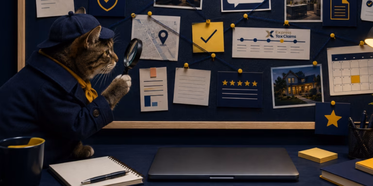 Cat detective investigating reviews and documents on a research board before choosing a trusted service