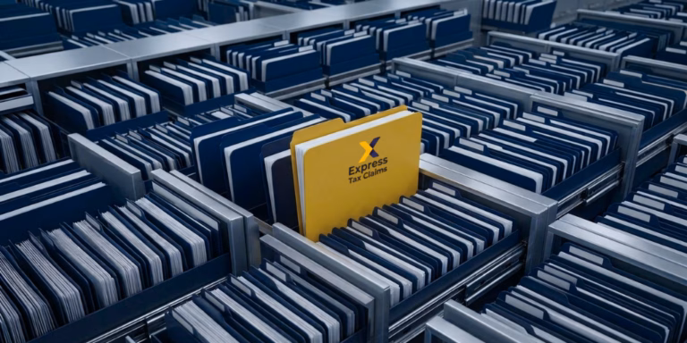 Overhead view of neatly organised navy folders arranged like a maze with a one yellow folder in the middle for expresstaxclaims that shows the ones that chose tax agents.